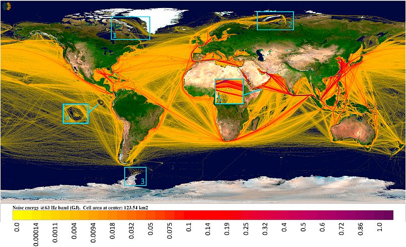 Les zones labellisées sont les suivantes : mer de Baffin avec exploitations minières ; 2 : Mer de Kara avec les gisements de gaz de Yamal ; 3 : Stations de recherche du bassin Palmer ; 4 : îles Galapagos ; 5 : Île de Socotra.