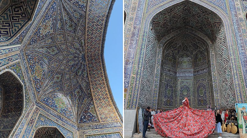 Prenez une photo en robe traditionnelle ouzbèke sur la place du Registan.
