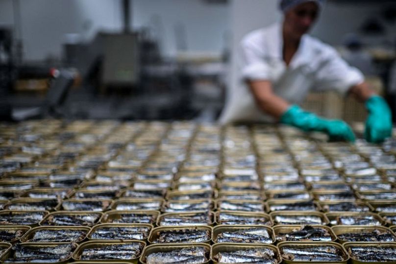 Un employé de Thai Union, une entreprise internationale de fruits de mer et de poisson en conserve, prépare des conserves de sardines dans l'usine de conserves de poisson de l'entreprise à Peniche en juin.