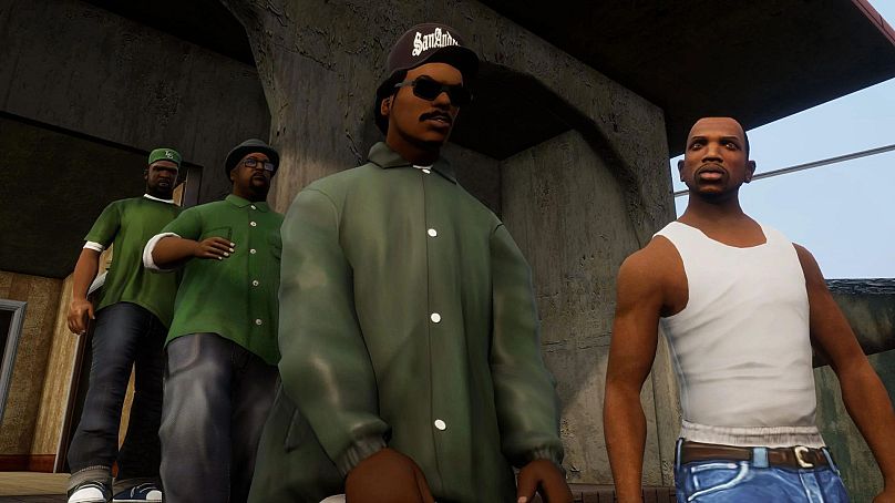 L'image montre divers personnages de Grand Theft Auto : San Andreas (2004)