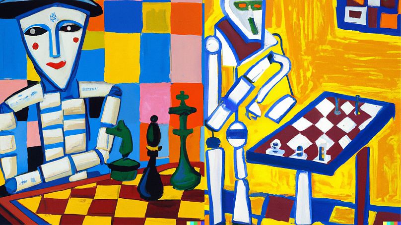 'Une peinture à l'huile de Matisse représentant un robot humanoïde jouant aux échecs' créée par DALL·E