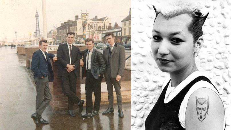 Teddy Boys sur la plage de Blackpool, février 1965 (à gauche) Un punk avec un tatouage Soo Catwoman sur son épaule, Royaume-Uni 1980 (à droite)