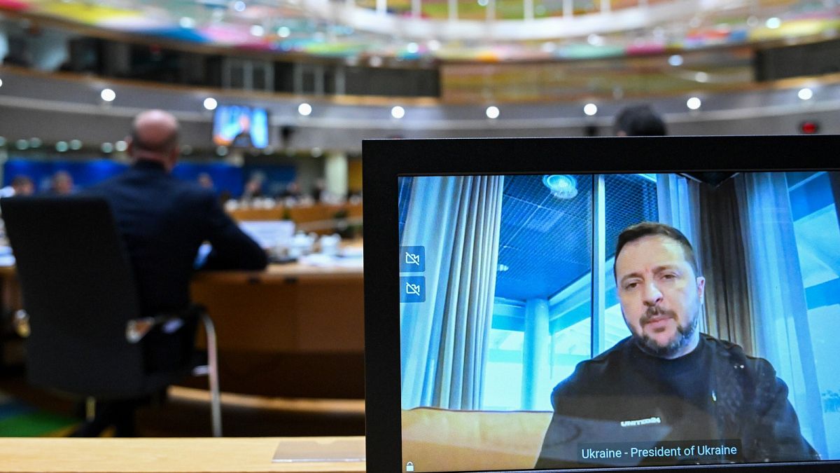 Ukrainian President Volodymyr Zelenskyy addresses the European Council summit by video-conference on Dec 14, 2023.