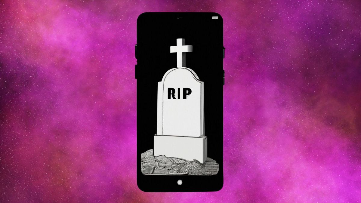 A smartphone featuring a gravestone, representing the death of an AI companion.