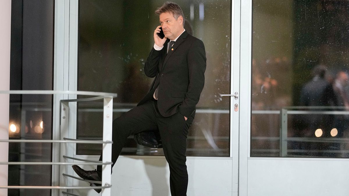 Robert Habeck, German Vice Chancellor and Federal Minister for Economic Affairs and Climate Action makes a phone call at the chancellery in Berlin.