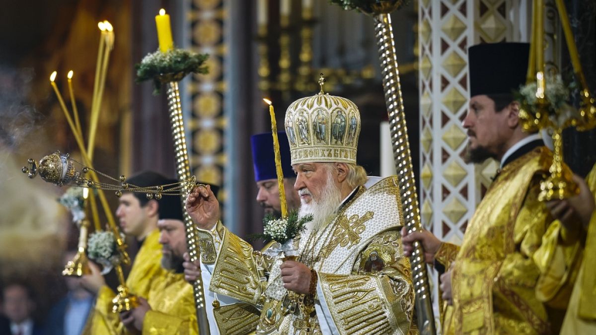 Russian Orthodox Patriarch Kirill, center, delivers the Christmas service in the Christ the Saviour Cathedral in Moscow.