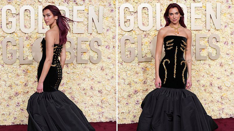 Dua Lipa arrive à la 81e cérémonie des Golden Globe Awards, le dimanche 7 janvier 2024, au Beverly Hilton de Beverly Hills, en Californie.