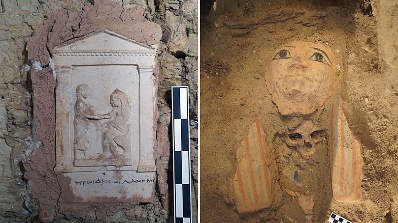 Une relique disant qu'elle a été créée pour un homme nommé Héroide (à gauche), un sarcophage avec une momie à l'intérieur (à droite).