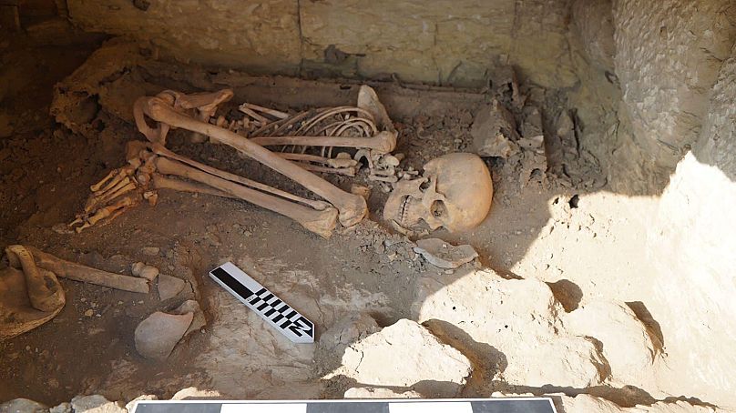 Cette sépulture remonte à la Deuxième Dynastie, il y a environ 4 800 ans.  Il montre un individu accroupi dans les restes d’une boîte en bois.