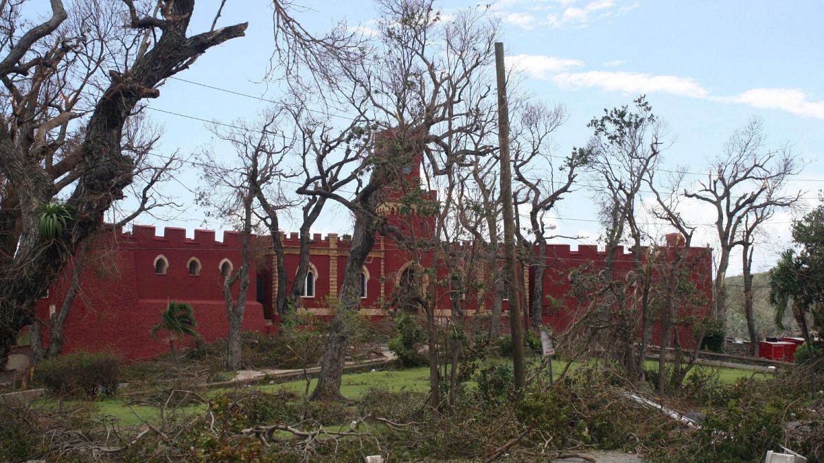 Trees stripped of their leaves and branches by the high winds of Hurricane Irma surround the historic Fort Christian on St. Thomas, USVI, September 2017.