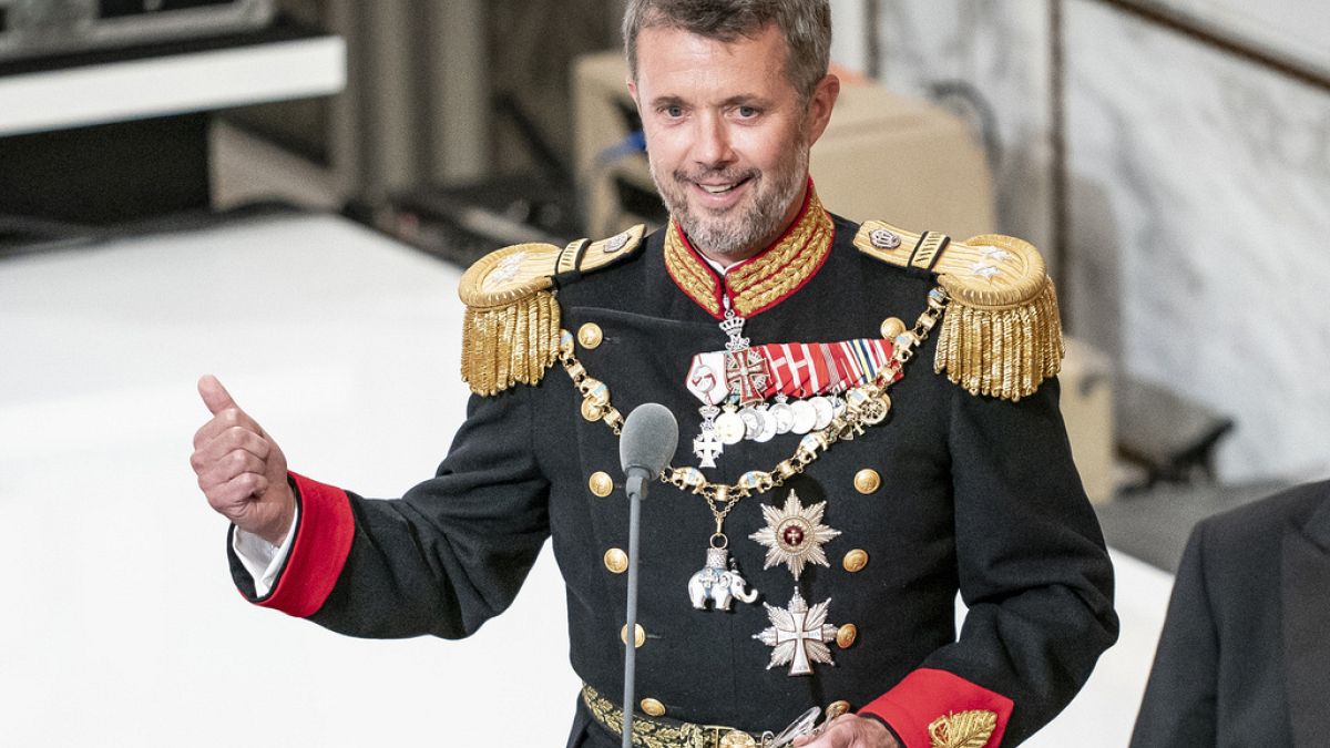 Danish Crown Prince Frederik delivers his speech to Danish Queen Margrethe II at the gala banquet at Christiansborg Palace in Copenhagen, Denmark in 2022