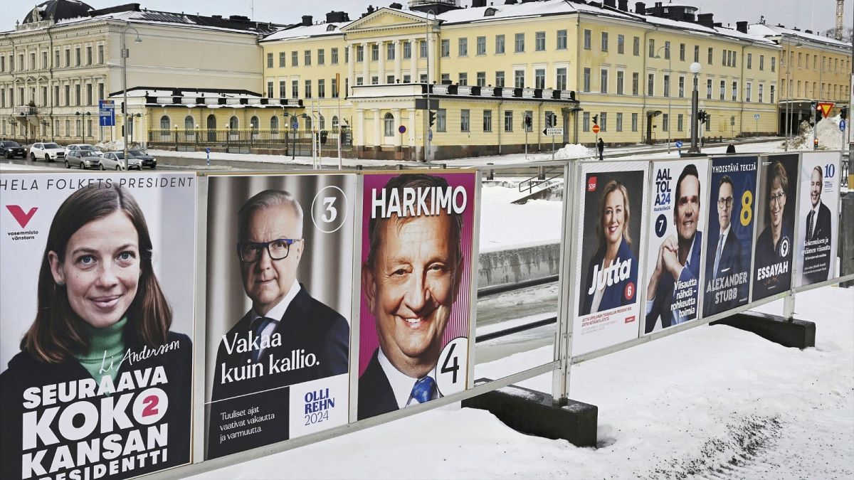 FILE: A view of campaign posters of the Finnish presidential candidates in Helsinki, Finland, Wednesday, Jan. 10, 2024.