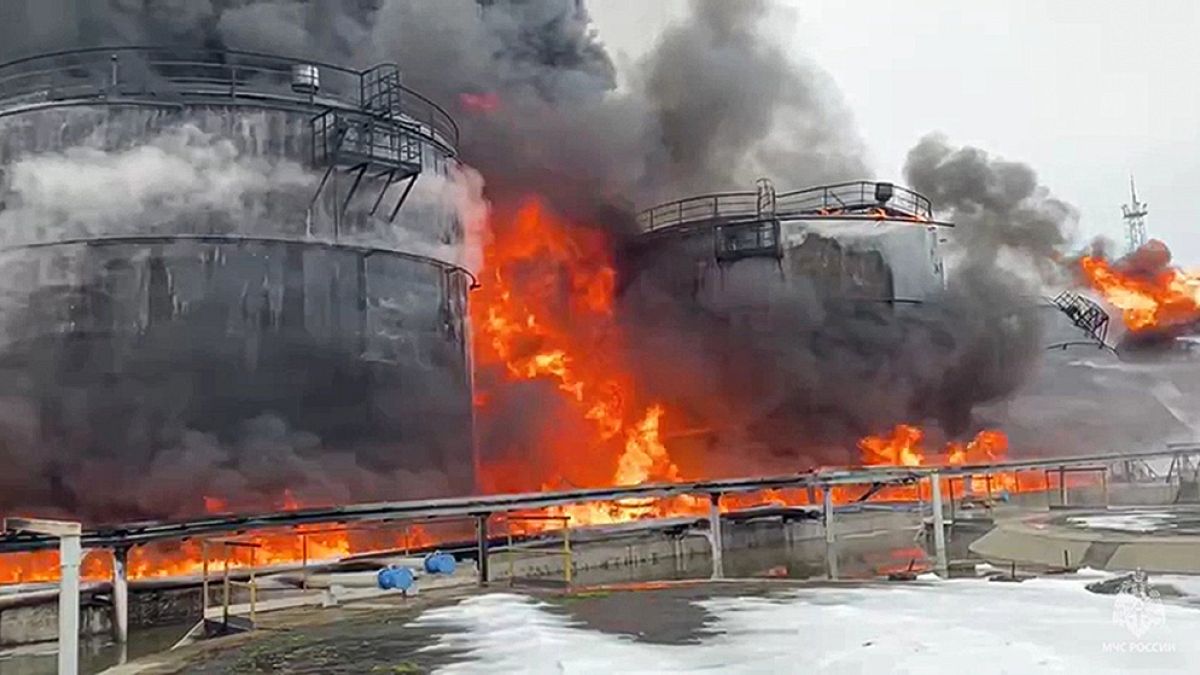 Oil reservoirs are seen in fire after the drone reached Klintsy, a city in Bryansk Region of Russia, about 60 kilometers (40 miles) from the Russia-Ukrainian border