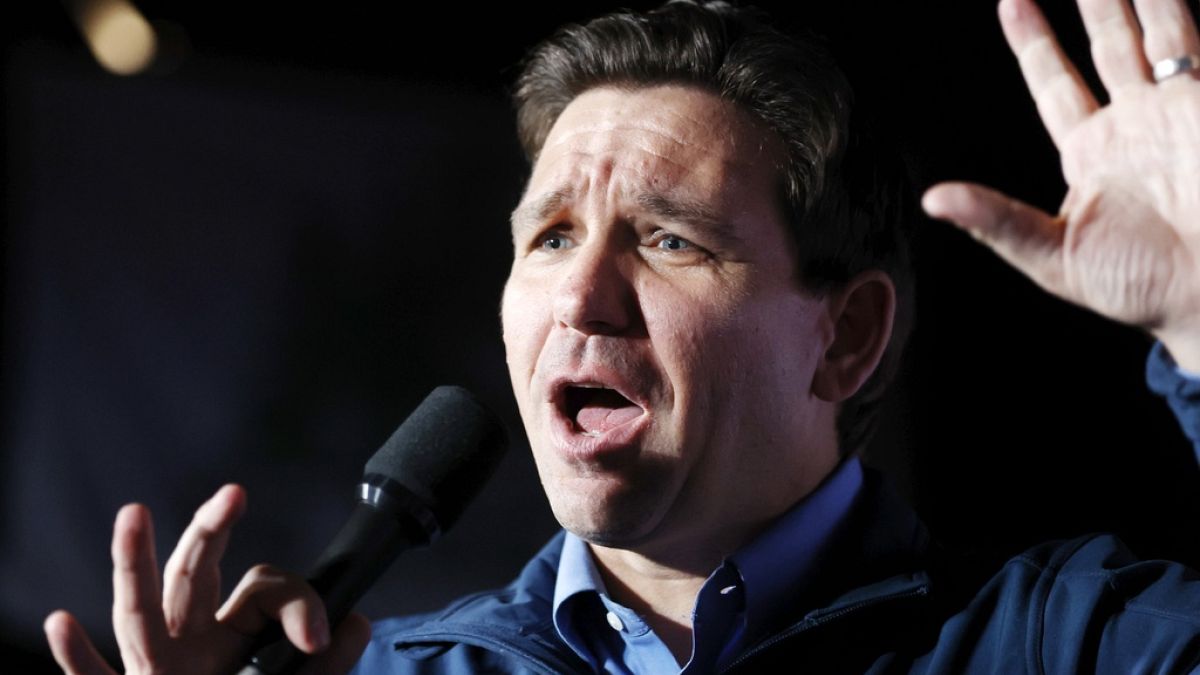 Republican presidential candidate Florida Gov. Ron DeSantis speaks during a campaign event at Wally