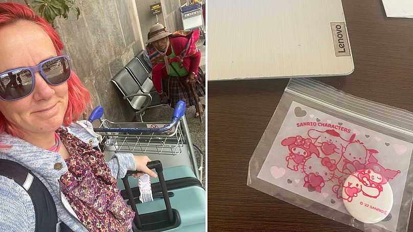 Tamara après avoir récupéré sa valise (à gauche) contenant un Apple AirTag (à droite).