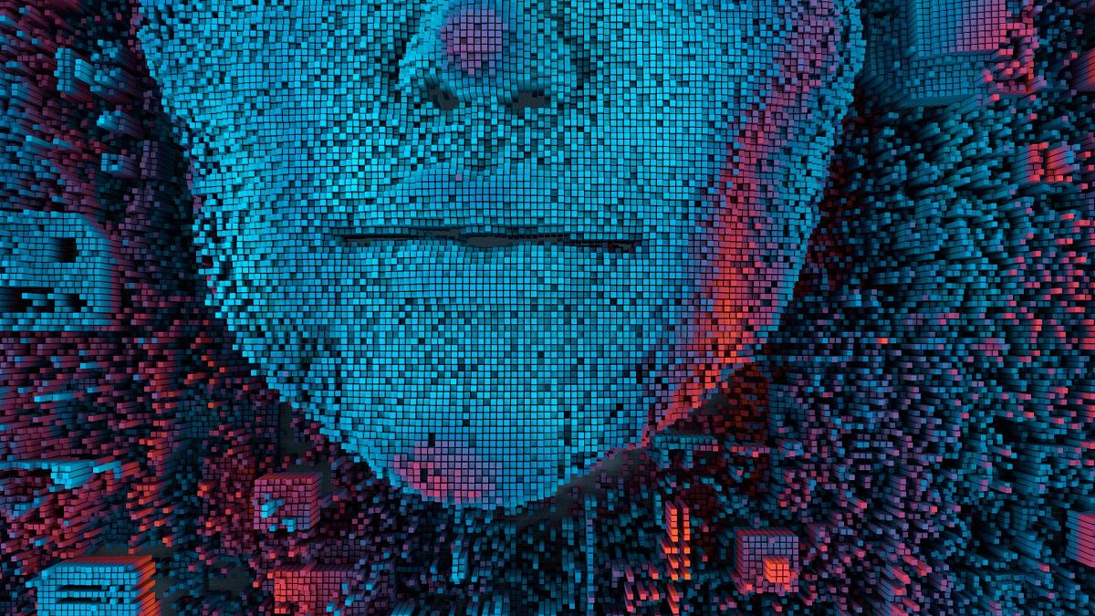 Abstract lanscape made of tiny cubes and human-like face, artificial intelligence concept