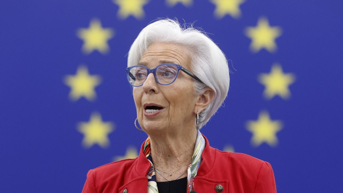 The President of European Central Bank, Christine Lagarde, delivers a speech at the European Parliament in Strasbourg, France, 2023