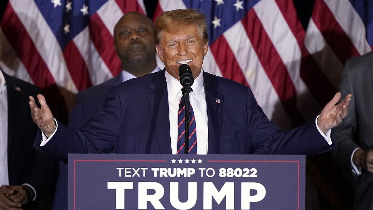 Republican presidential candidate former President Donald Trump speaks at a primary election night party in Nashua, N.H., Tuesday, Jan. 23, 2024.
