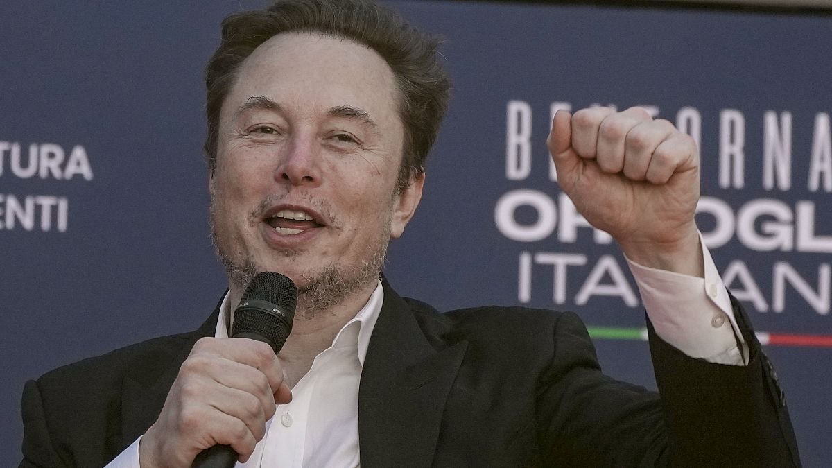 Tesla CEO Elon Musk waves as he arrives at the annual political festival Atreju, organized by the Giorgia Meloni