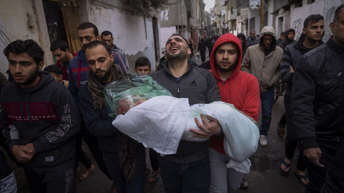 Mohammad Shouman carries the body of his daughter, Masa, who was killed in an Israeli bombardment of the Gaza Strip, during her funeral in Rafah, southern Gaza, Jan. 17, 2024.
