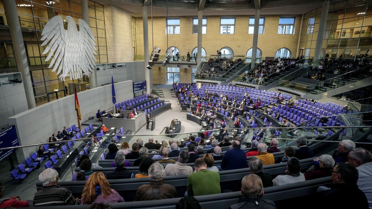 General view of the plenary chamber in the Bundestag, at the Reichstag building in Berlin, Germany, Thursday, Jan. 18, 2024.