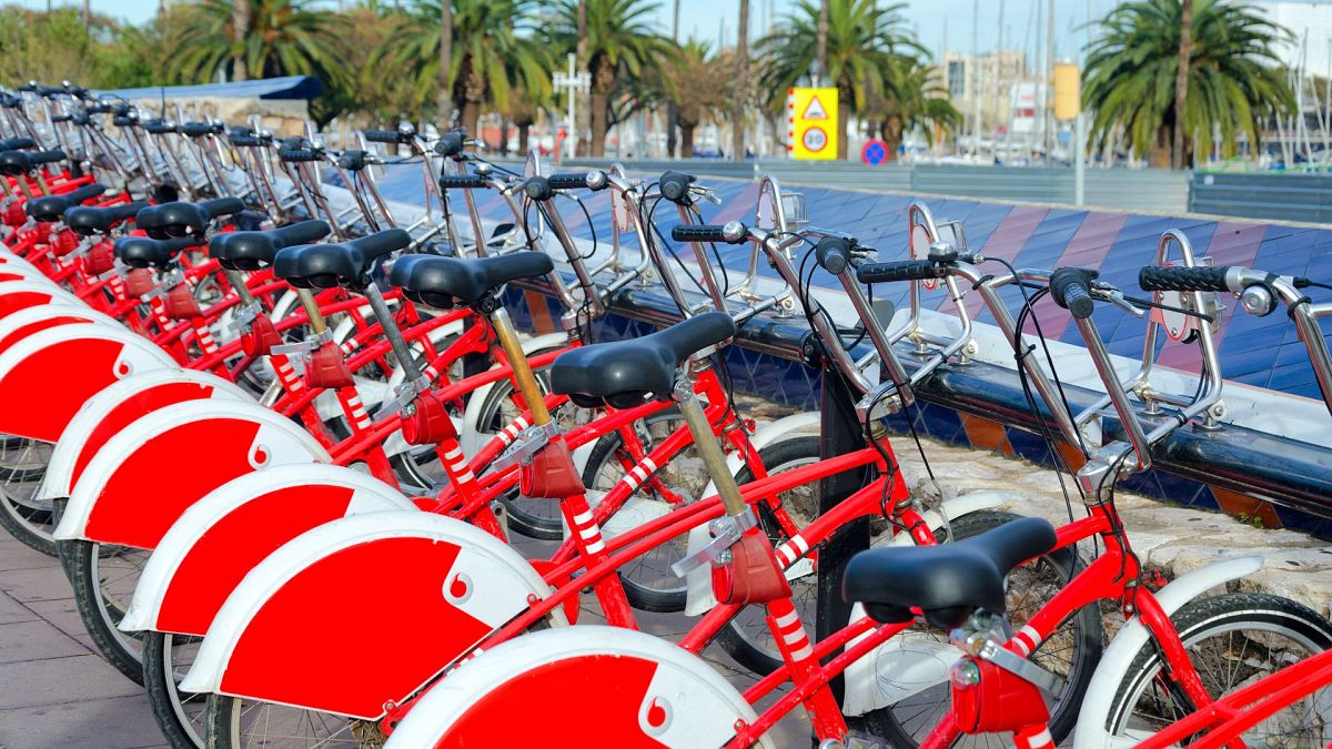 Bikes for rent on the waterfront in Barcelona.