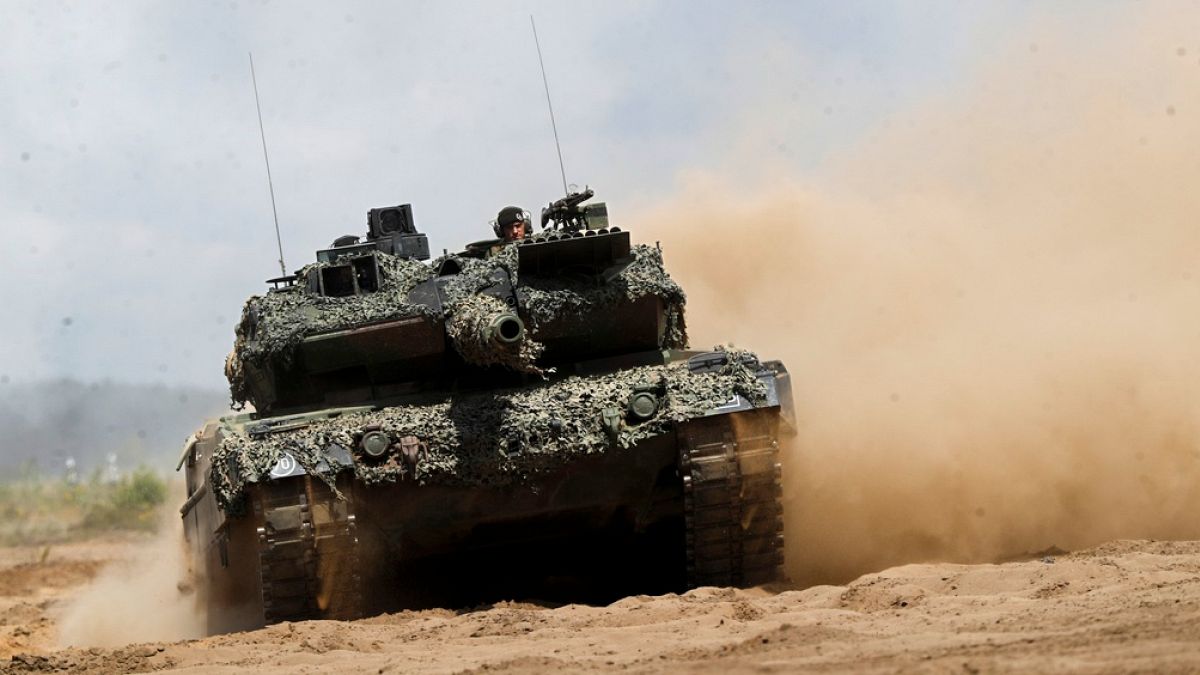 FILE - A Germany army Main battle tank Leopard 2A6 takes part in the Lithuanian-German military exercise north of the capital Vilnius, Lithuania on Monday, June 26, 2023.