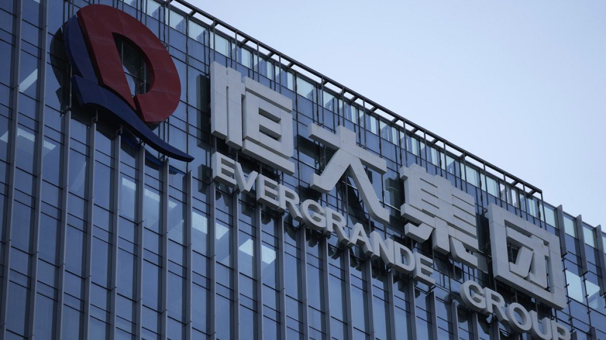 The Evergrande Group headquarters logo is seen in Shenzhen in southern China