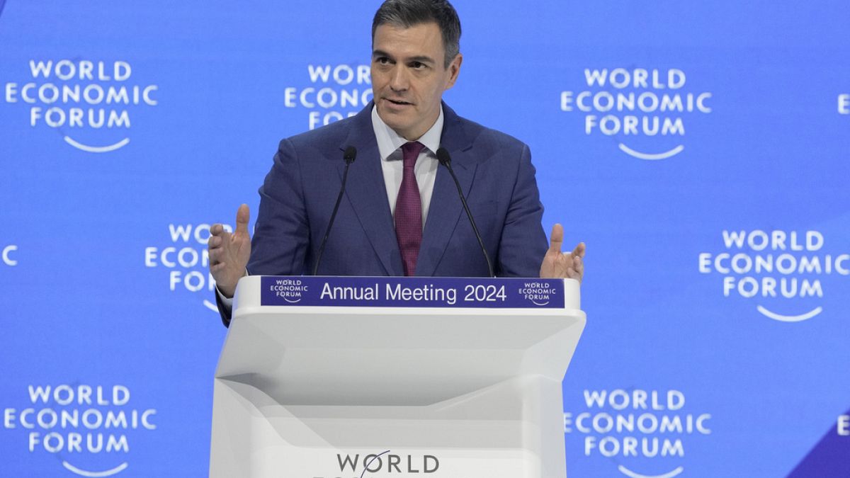 Pedro Sanchez, Spains Prime Minister delivers his speech at the Annual Meeting of World Economic Forum in Davos, Switzerland, Wednesday, Jan. 17, 2024.