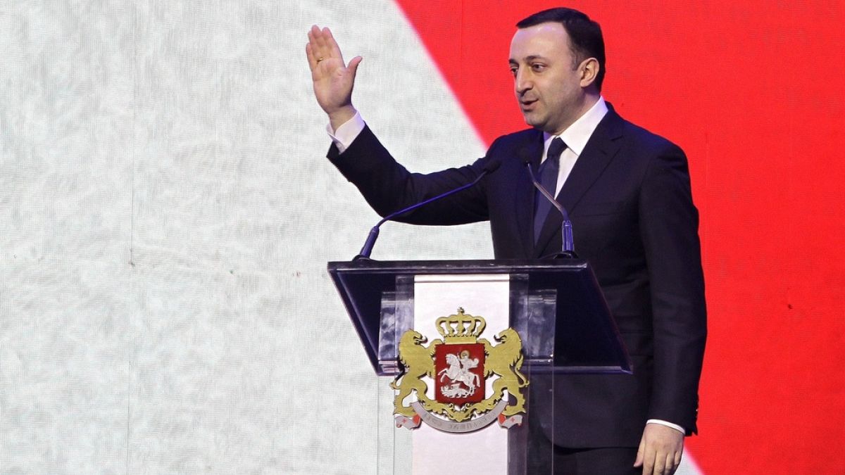 FILE Georgian Prime Minister Irakli Garibashvili gestures while addressing a crowd celebrating Georgia
