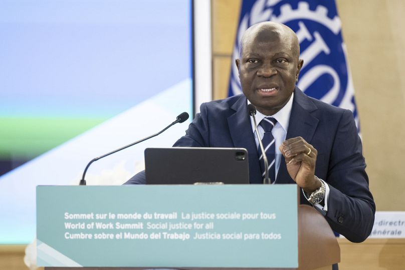 Gilbert F. Houngbo prononce son discours au siège européen des Nations Unies à Genève, Suisse, le 14 juin 2023.