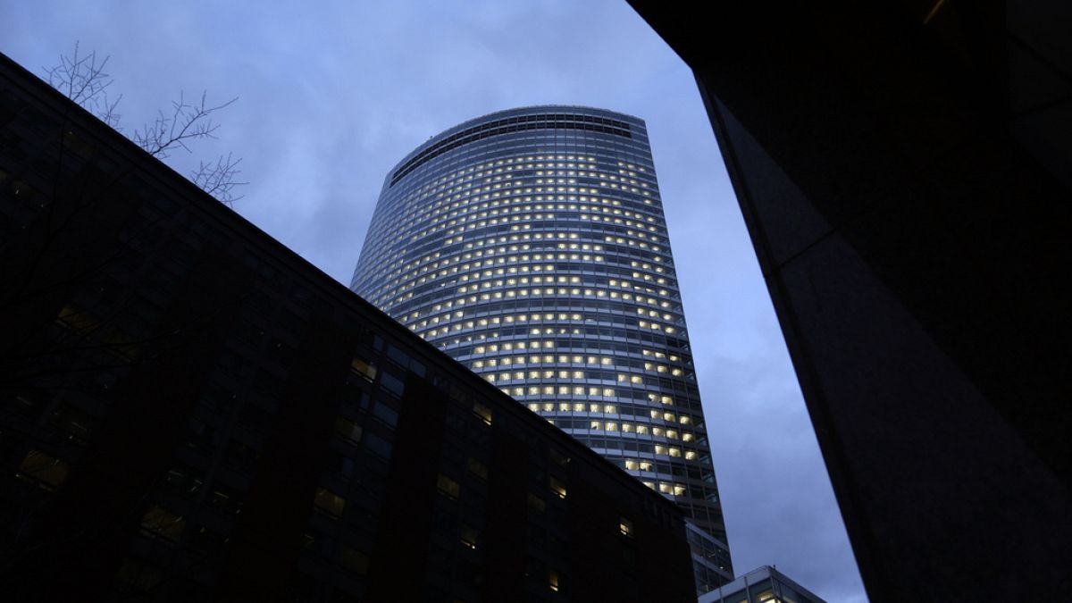 Lights are on at the world headquarters of Goldman Sachs in New York on Jan. 24, 2023.
