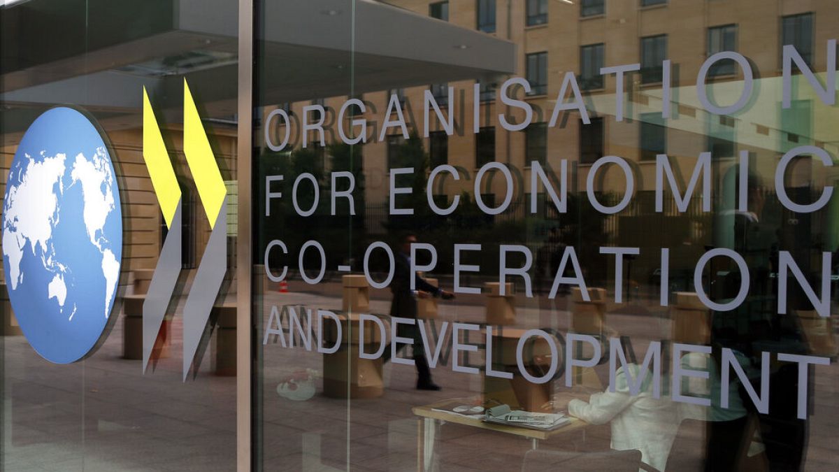 The logo at the entrance of the Organisation for Economic Co-operation and Development (OECD) headquarters in Paris, June 7, 2017.