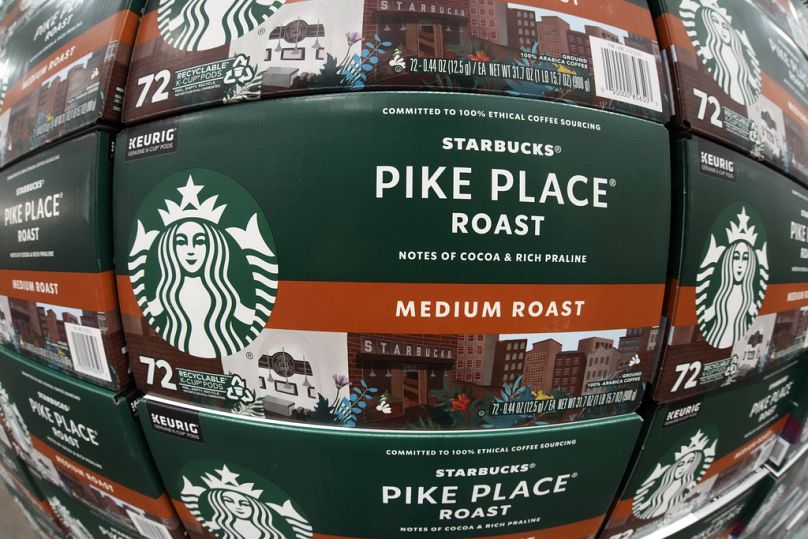 Les dosettes K-Cup Roast de Starbucks Pike Place sont exposées dans un entrepôt Costco.