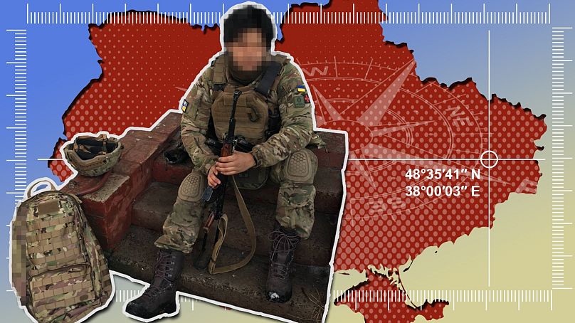 Image composite montrant une carte de l'Ukraine, une boussole et le volontaire finlandais « Mariachi »