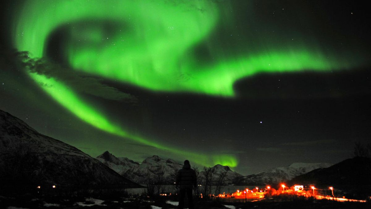 The aurora borealis, or Northern Lights, seen near the city of Tromso in northern Norway