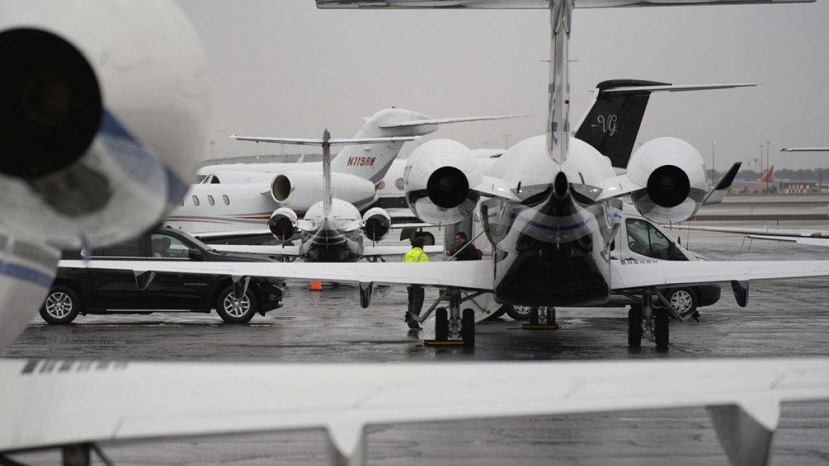 Planes are parked at a private jet terminal at Harry Reid International Airport in Las Vegas on Thursday, ahead of the Super Bowl this weekend