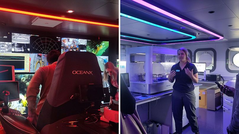 La salle de contrôle de mission d'OceanXplorer et (R) le directeur du programme scientifique Mattie Rodrigue dans l'un des laboratoires secs du navire.