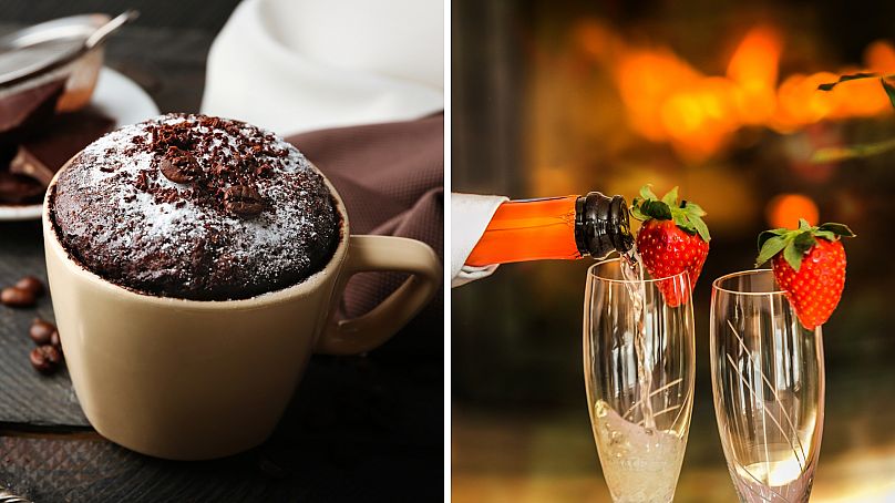 Desserts simples pour la Saint-Valentin : Mug cake au chocolat ou fraises et champagne.