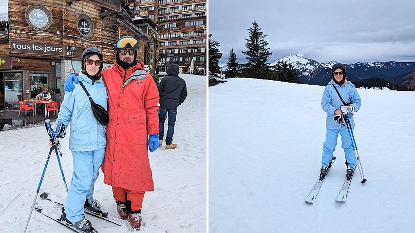 Angela avec le moniteur de ski Stéphane Jacquier. | La vue du haut du télésiège.