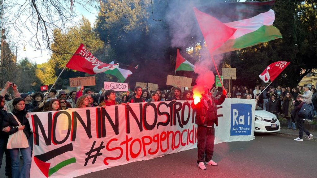 Pro-Palestinian protesters demonstrate by Rai headquarters in Rome