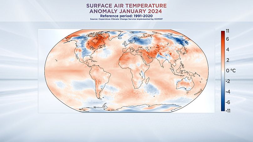 Une grande partie du globe a été plus chaude que la moyenne en janvier.  Données du service Copernicus sur le changement climatique.
