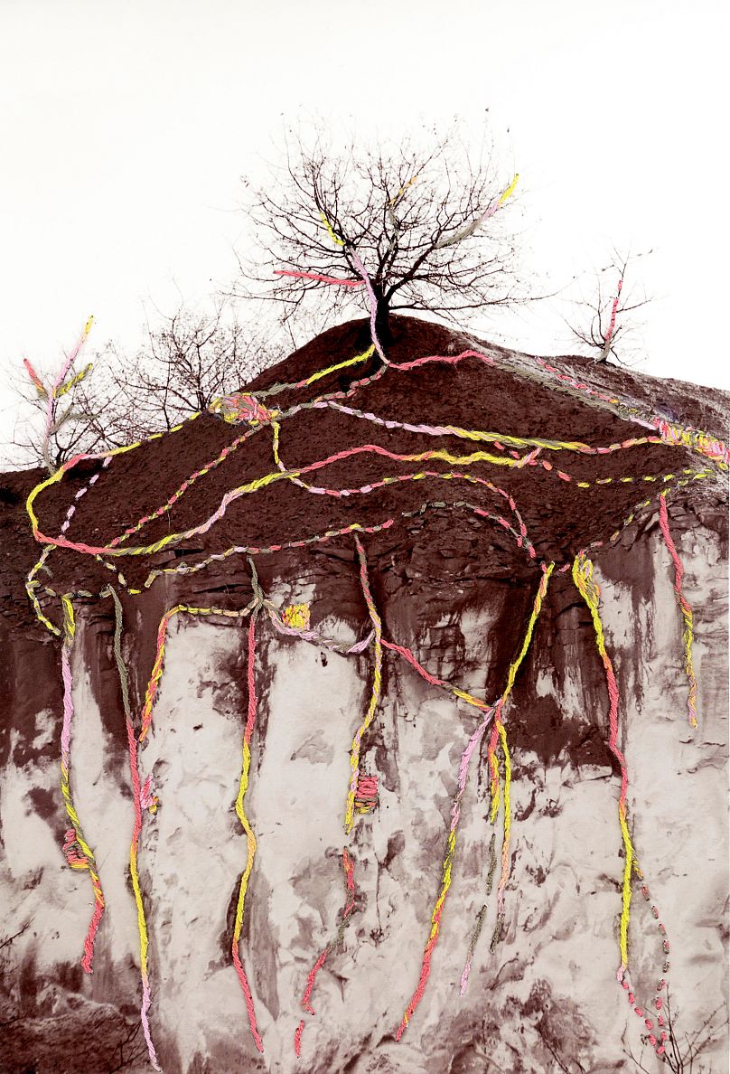 Œuvre de la série « Je ne sais pas comment les autres font ça ». Broderie sur photographie.