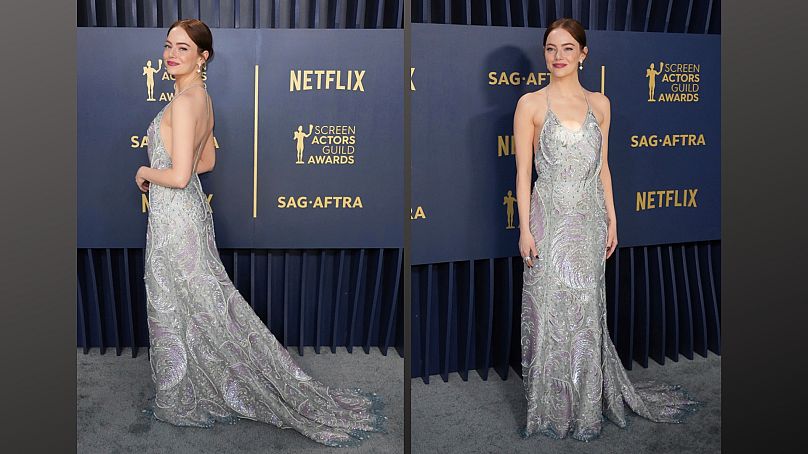 Emma Stone, nominée pour la meilleure actrice dans un film dramatique, était stupéfiante dans une robe Louis Vuitton personnalisée avec des ornements argentés.
