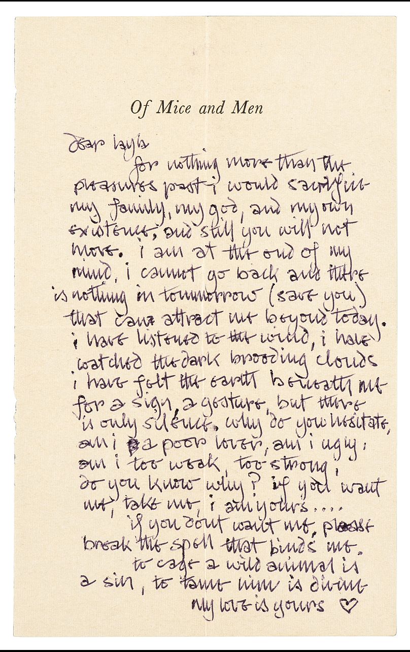 Une lettre d'amour d'Eric Clapton à Pattie Boyd, écrite sur une page du livre 