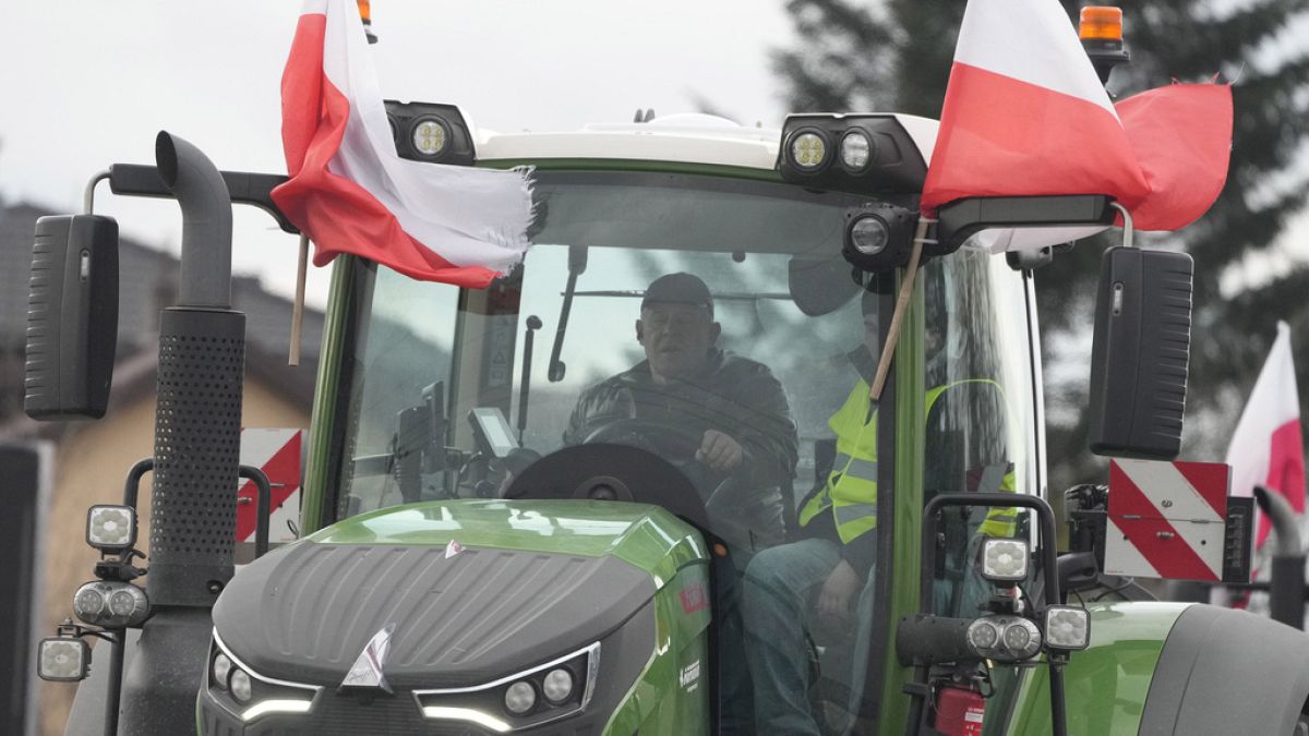 Polish farmers drive tractors in a convoy in Minsk Mazowiecki, Poland, on Tuesday Feb. 20, 2024.