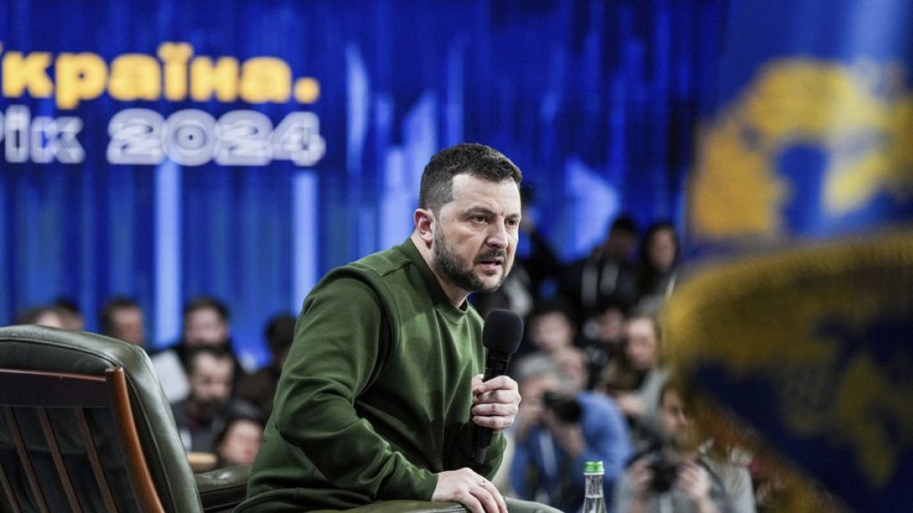 Ukrainian President Volodymyr Zelenskyy answers media questions during his press conference in Kyiv, Ukraine, Sunday Feb. 25, 2024.