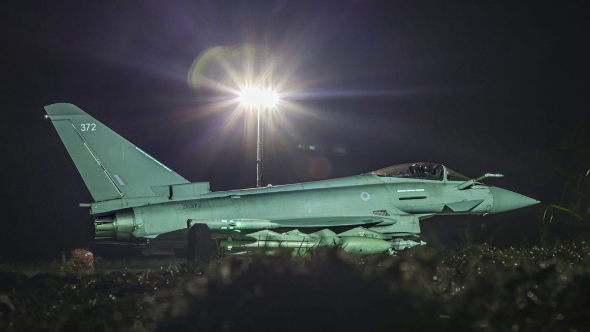 An RAF Typhoon FGR4 aircraft returning to the base, following strikes against Houthi targets in Yemen.
