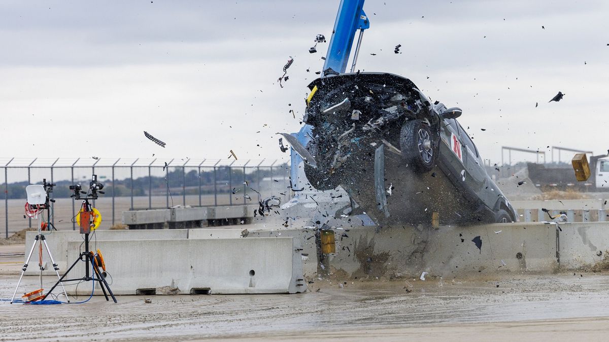 A 2022 Rivian R1T is used for a crash test research by the US Army Corps of Engineers and the University of Nebraska-Lincoln