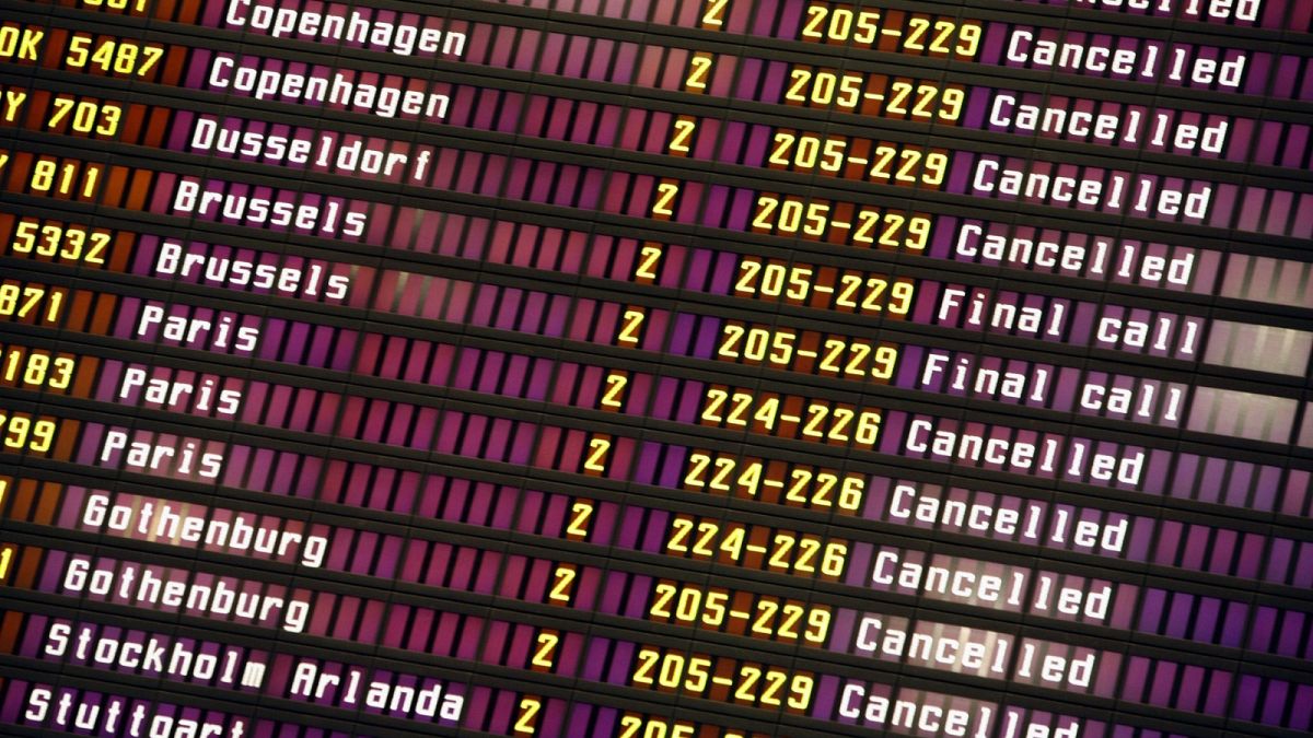 FILE: Cancelled flights are seen on the departures board at Helsinki-Vantaa Airport, in Vantaa, Finland, Thursday Oct. 19, 2006.